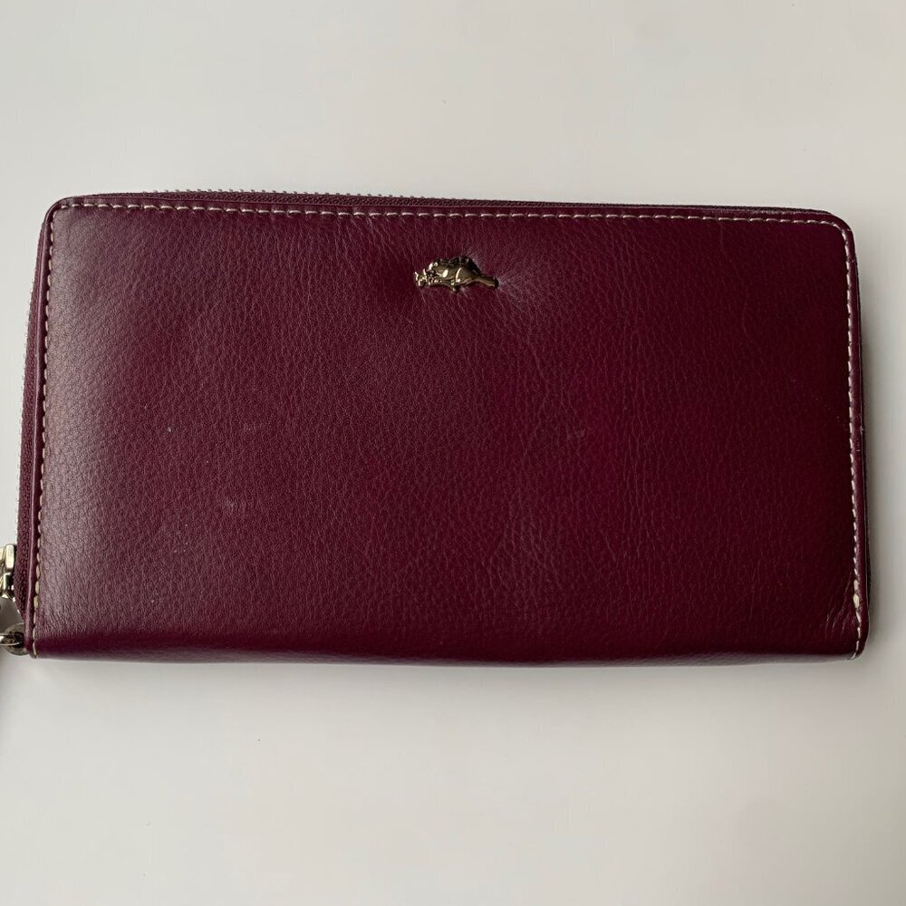 Roots Genuine Leather Zip Around Wallet Burgundy with Tassel & Beaver Charm